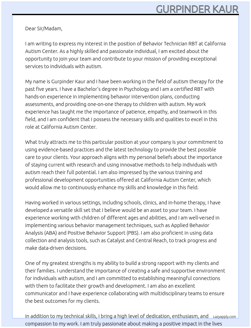 behavior technician RBT At california autism center Cover Letter