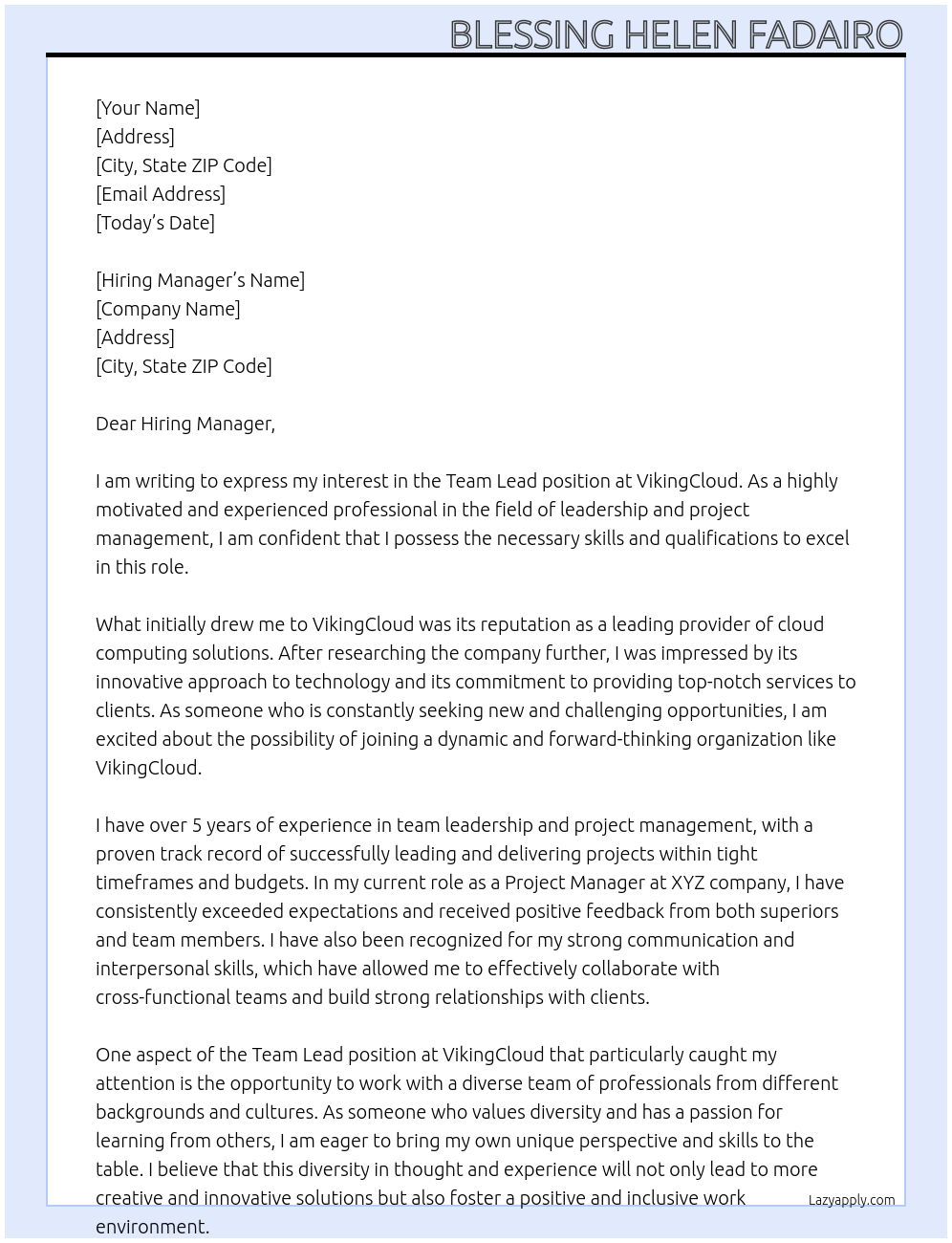 Team Lead At VikingCloud Cover Letter