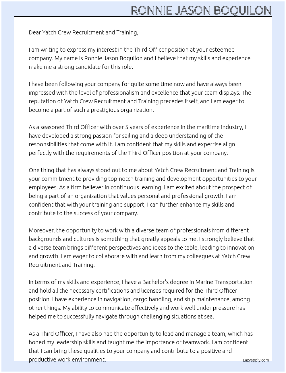 Third Officer At Yatch Crew Recruitment and Training Cover Letter