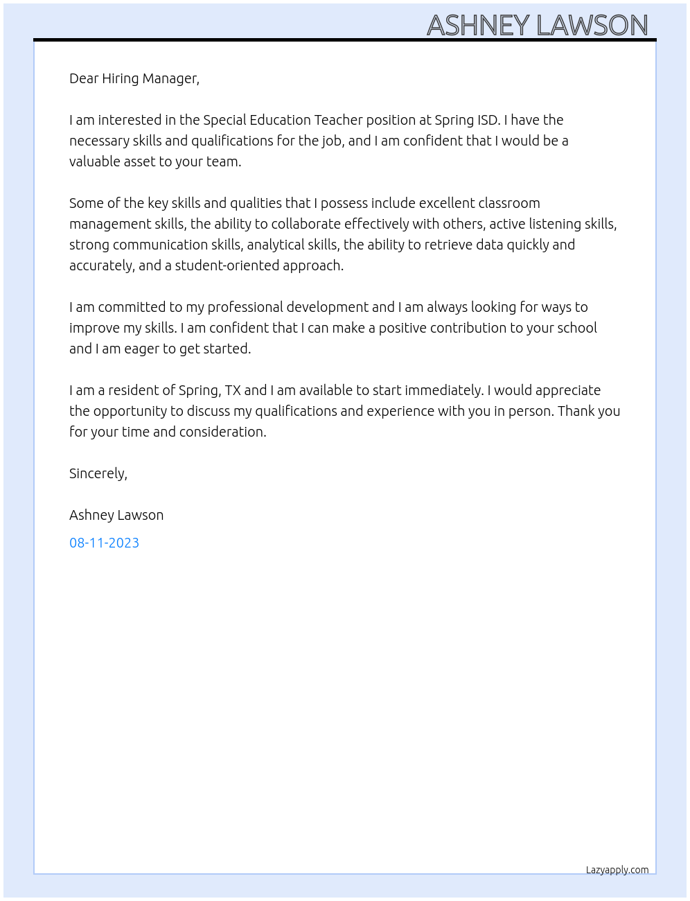 Special Education Teacher At Spring ISD Cover Letter