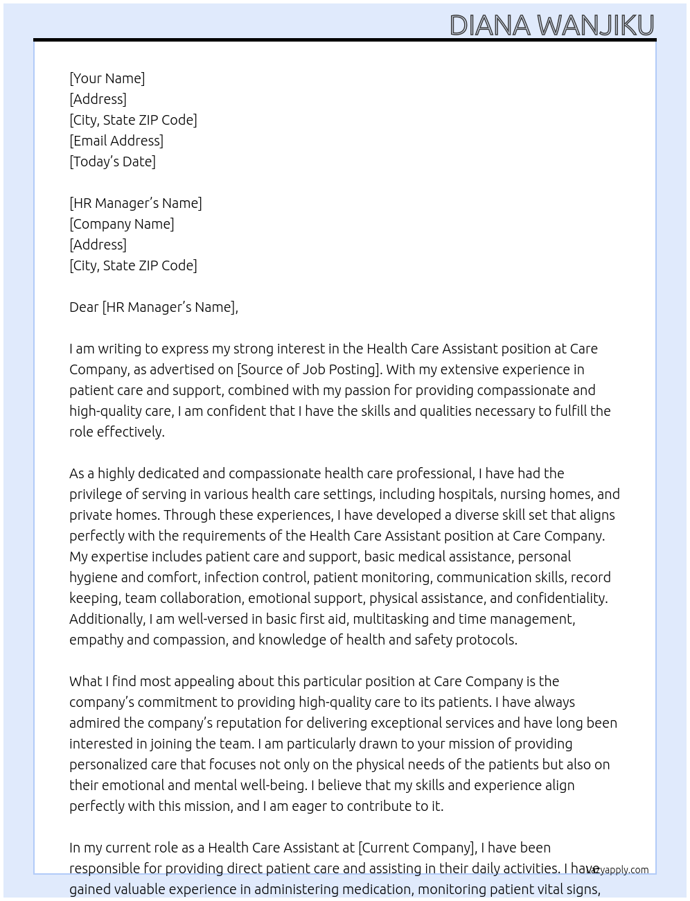 Health care assistant At Care company Cover Letter