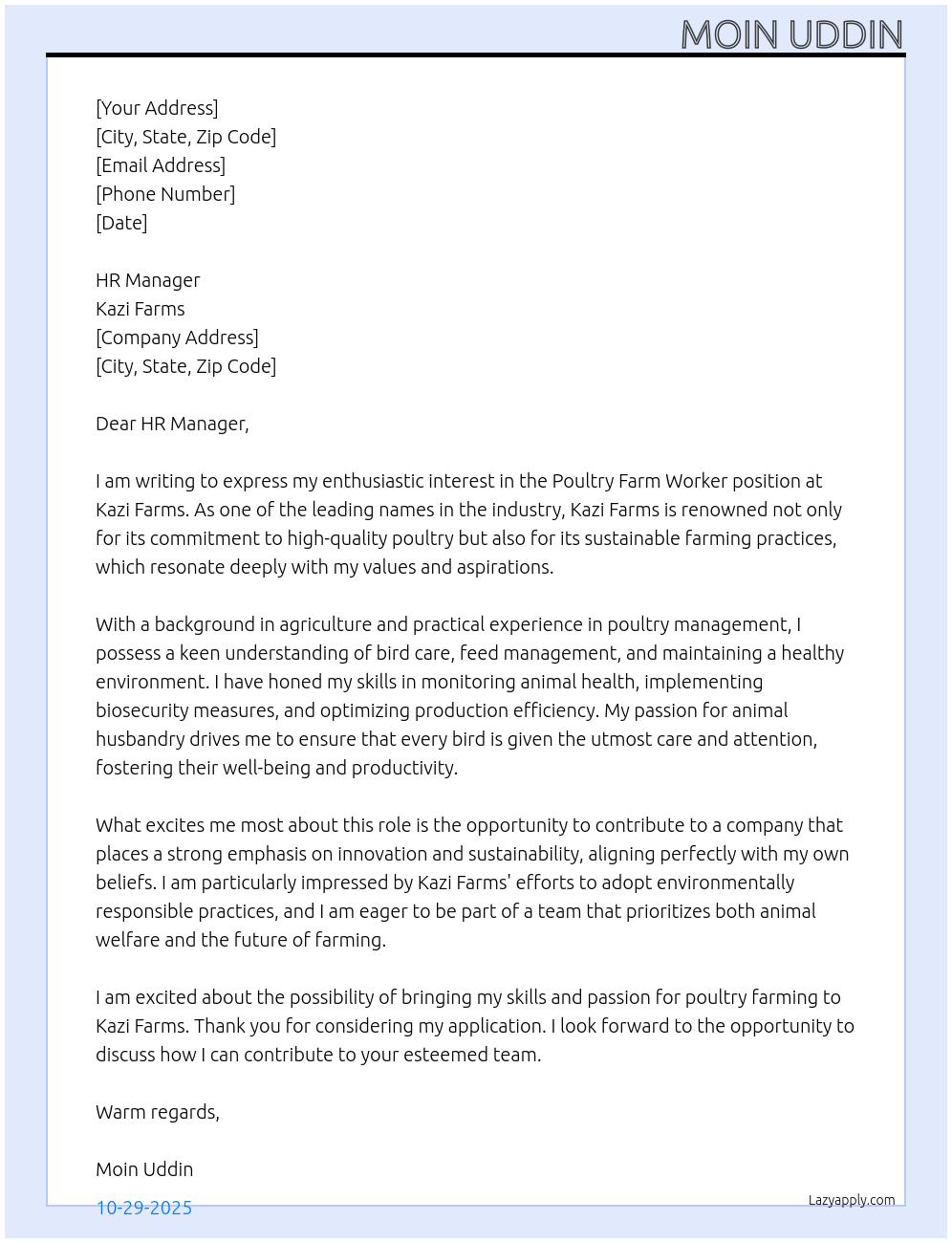 Poultry farm worker  At Kazi farms Cover Letter