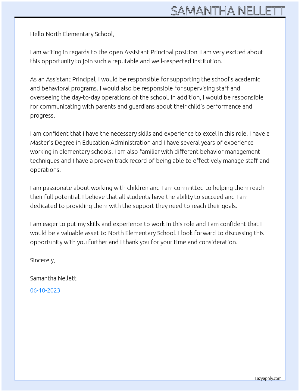 Assistant Principal At North Elementary School Cover Letter