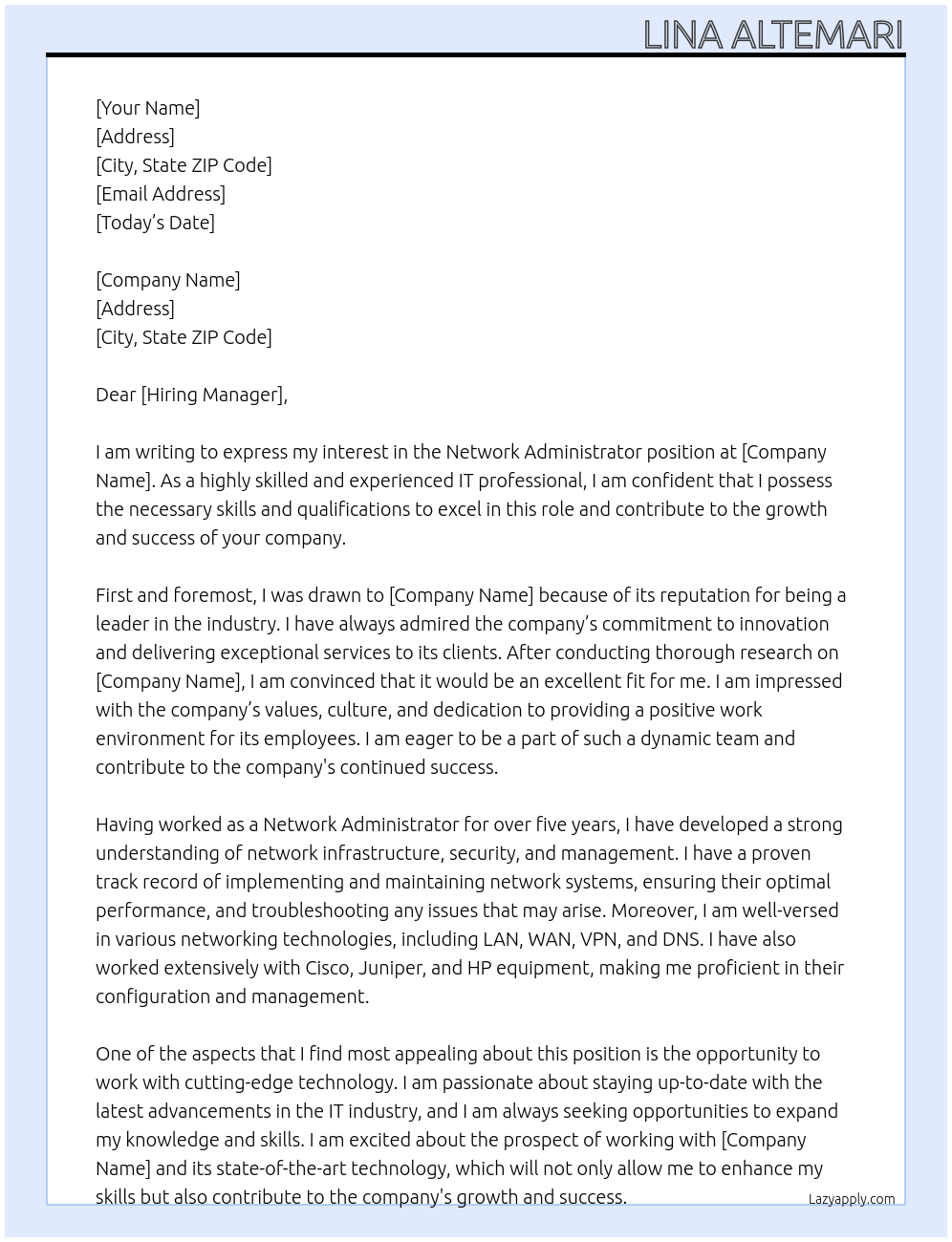 network administrator At fill Cover Letter