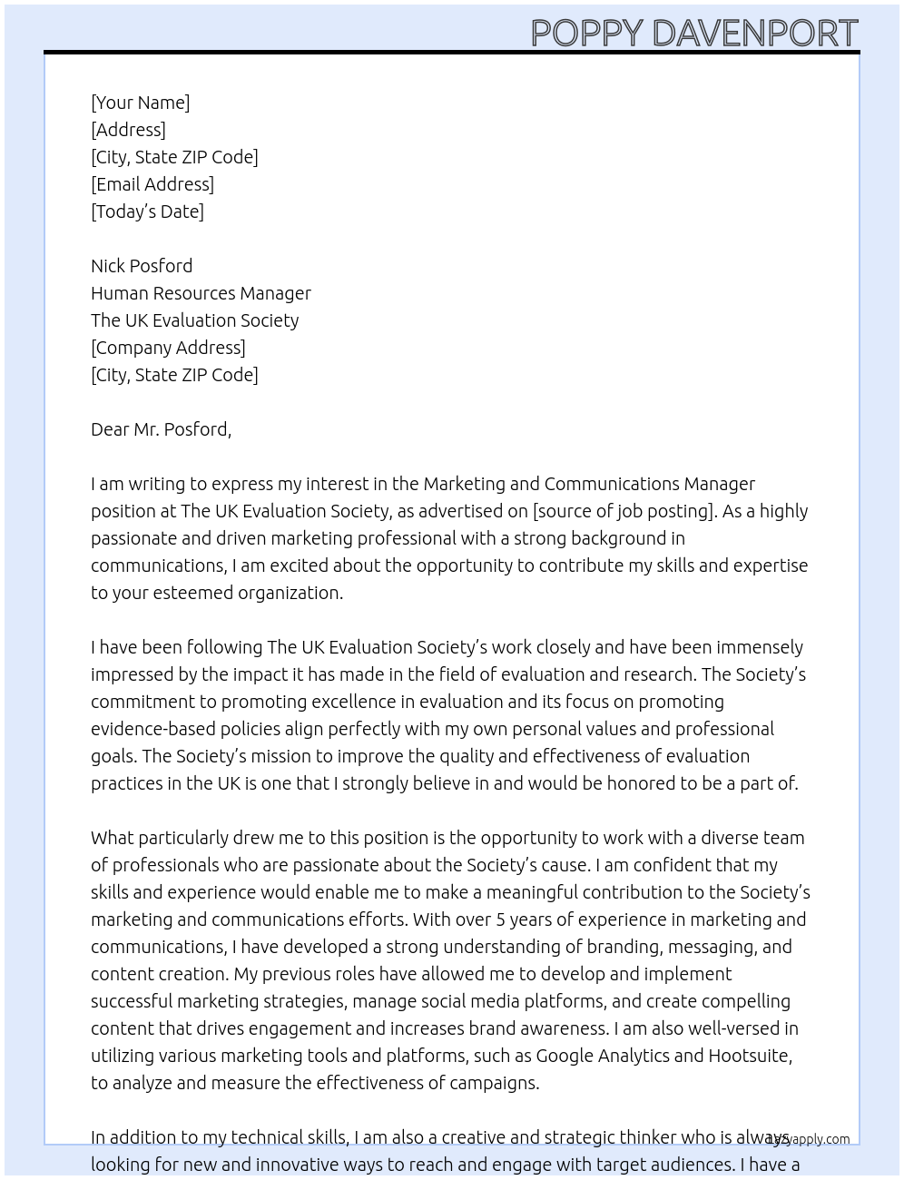 Marketing and communications manager At The UK Evaluation Society Cover Letter
