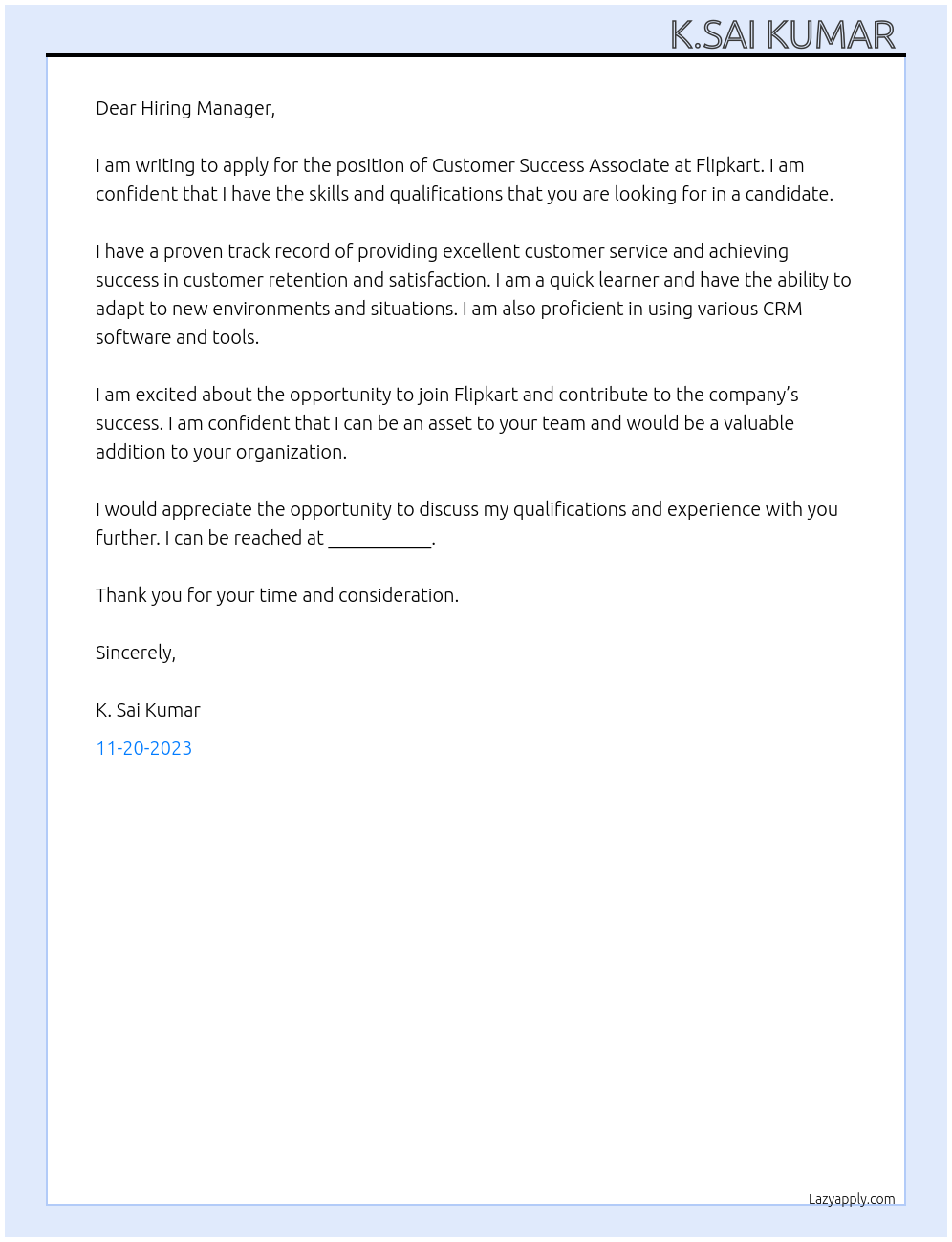 Customer success associate At Flipkart  Cover Letter