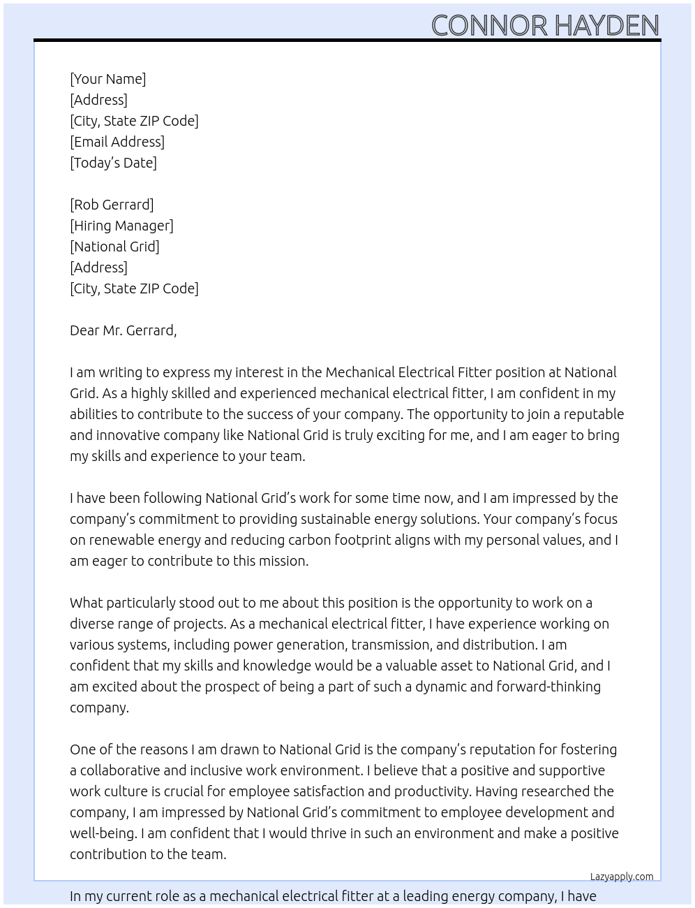 Cover letter for mechanical electrical fitter - LazyApply