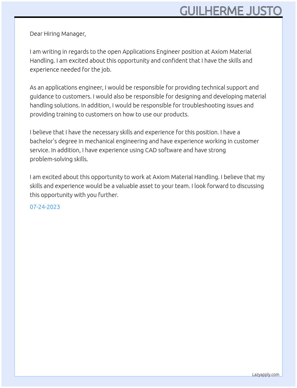 Applications Engineer At Axiom Material Handling Cover Letter