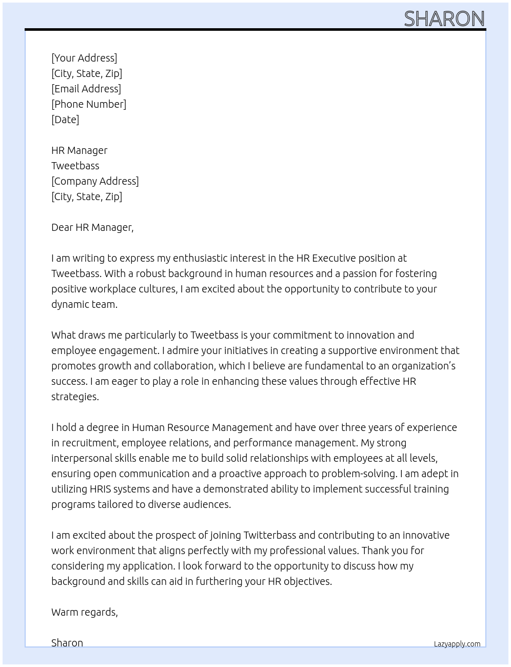 Cover letter for hr executive - LazyApply