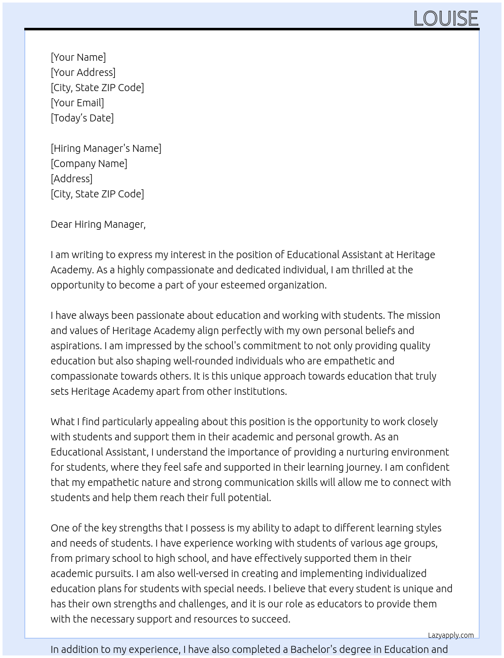 Educational Assistant At Heritage Academy Cover Letter