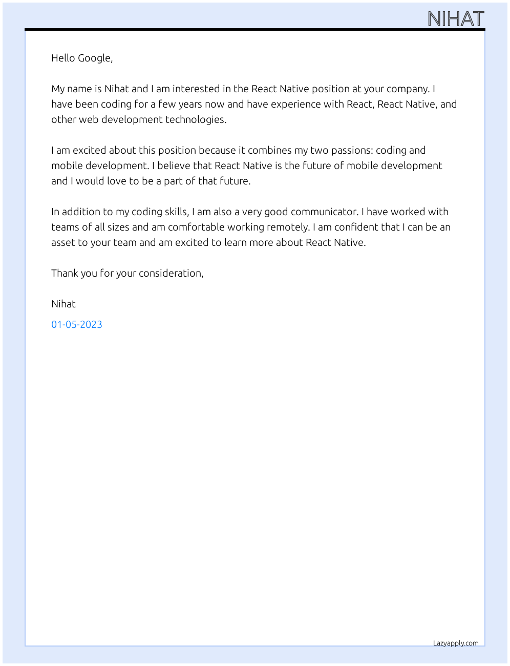 react native At google Cover Letter