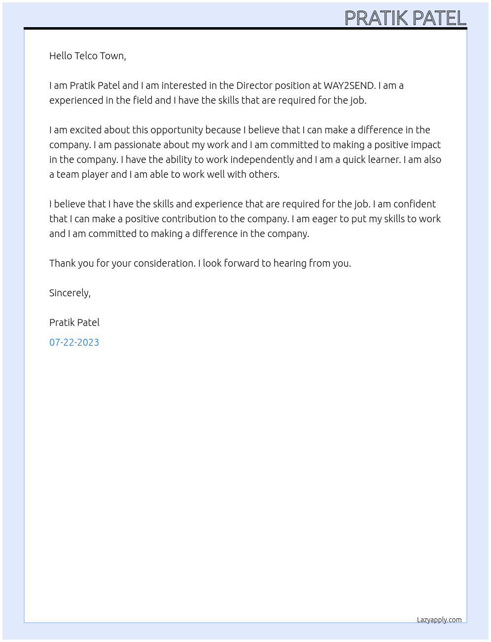 Director At WAY2SEND Cover Letter