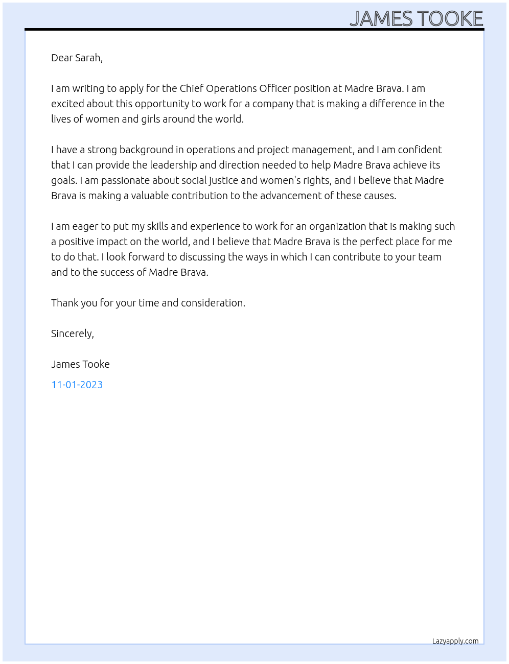 Chief Operations Officer At Madre Brava Cover Letter