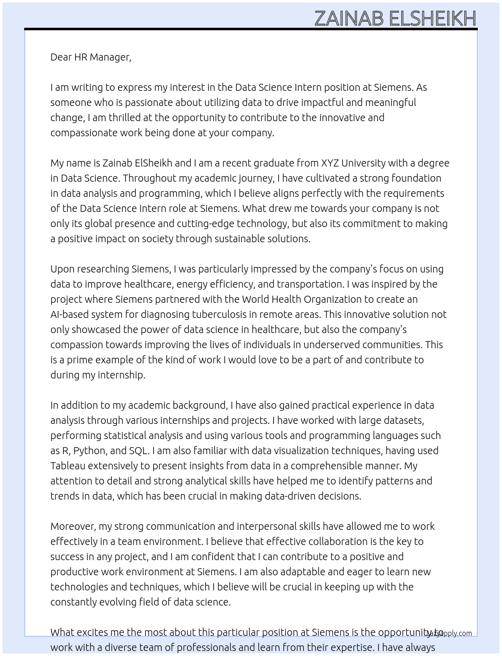 Data science intern At Siemens Cover Letter