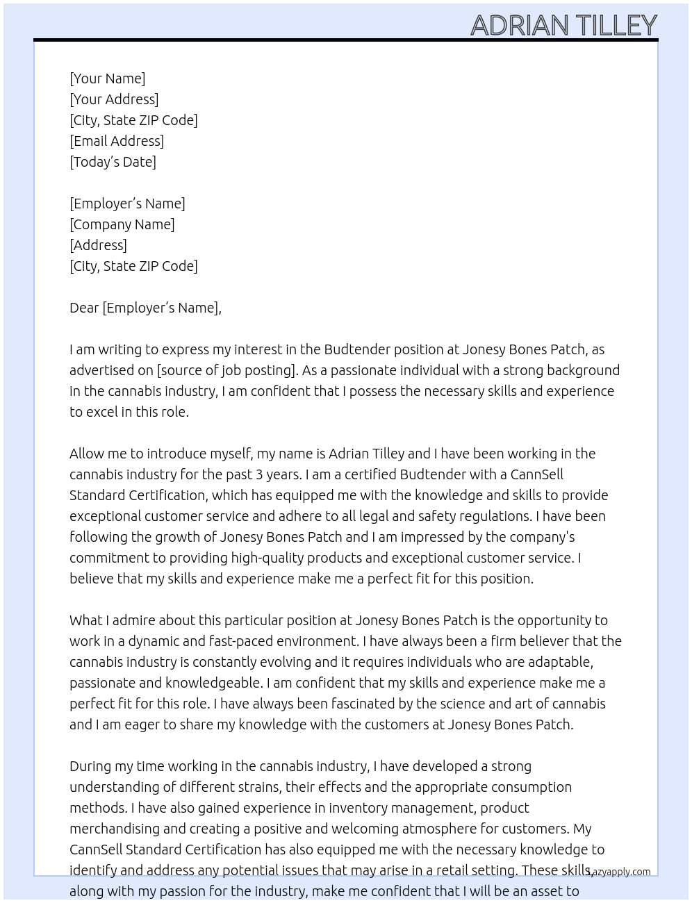 Budtender At Jonesy Bones Patch Cover Letter