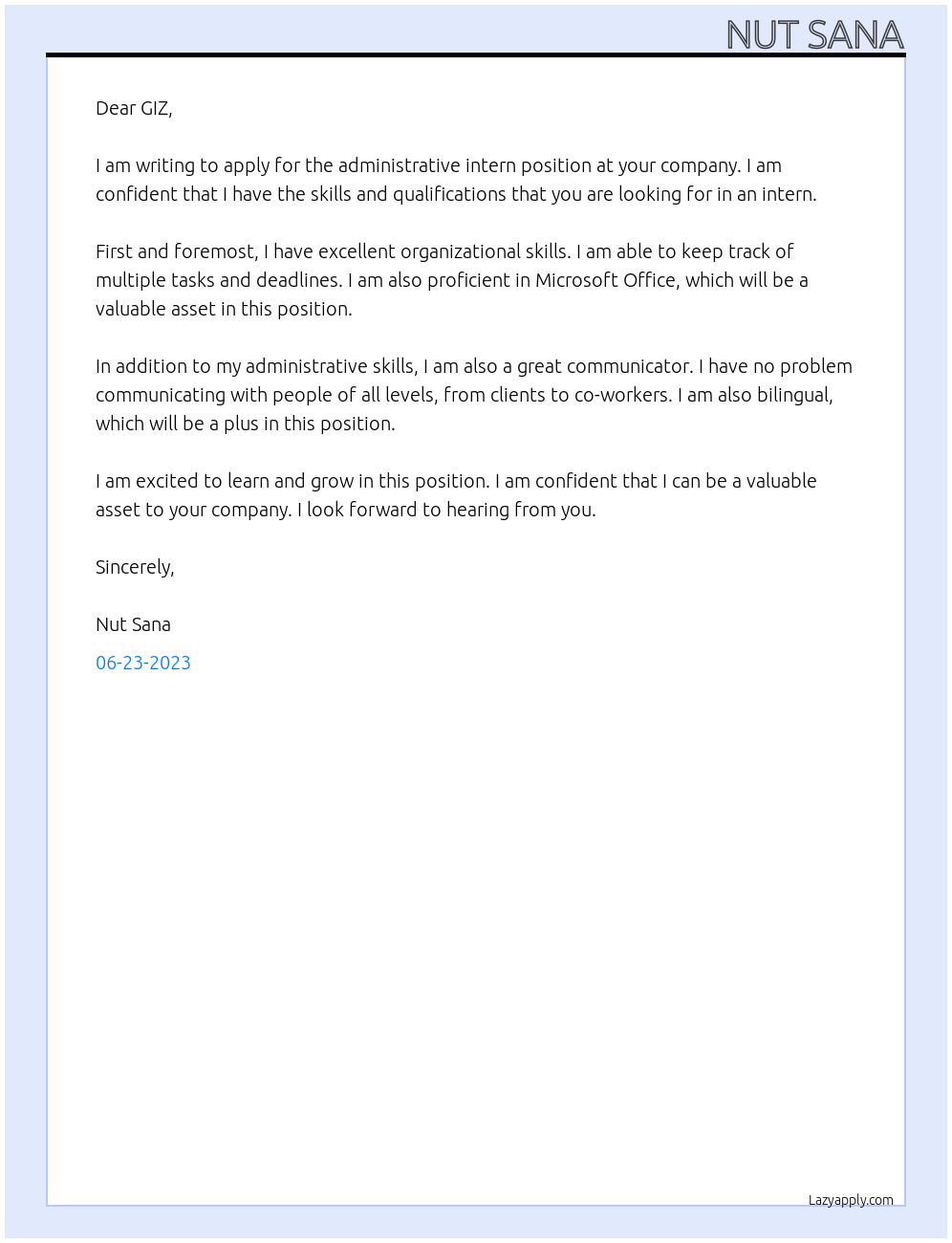 administrative intern At GIZ Cover Letter