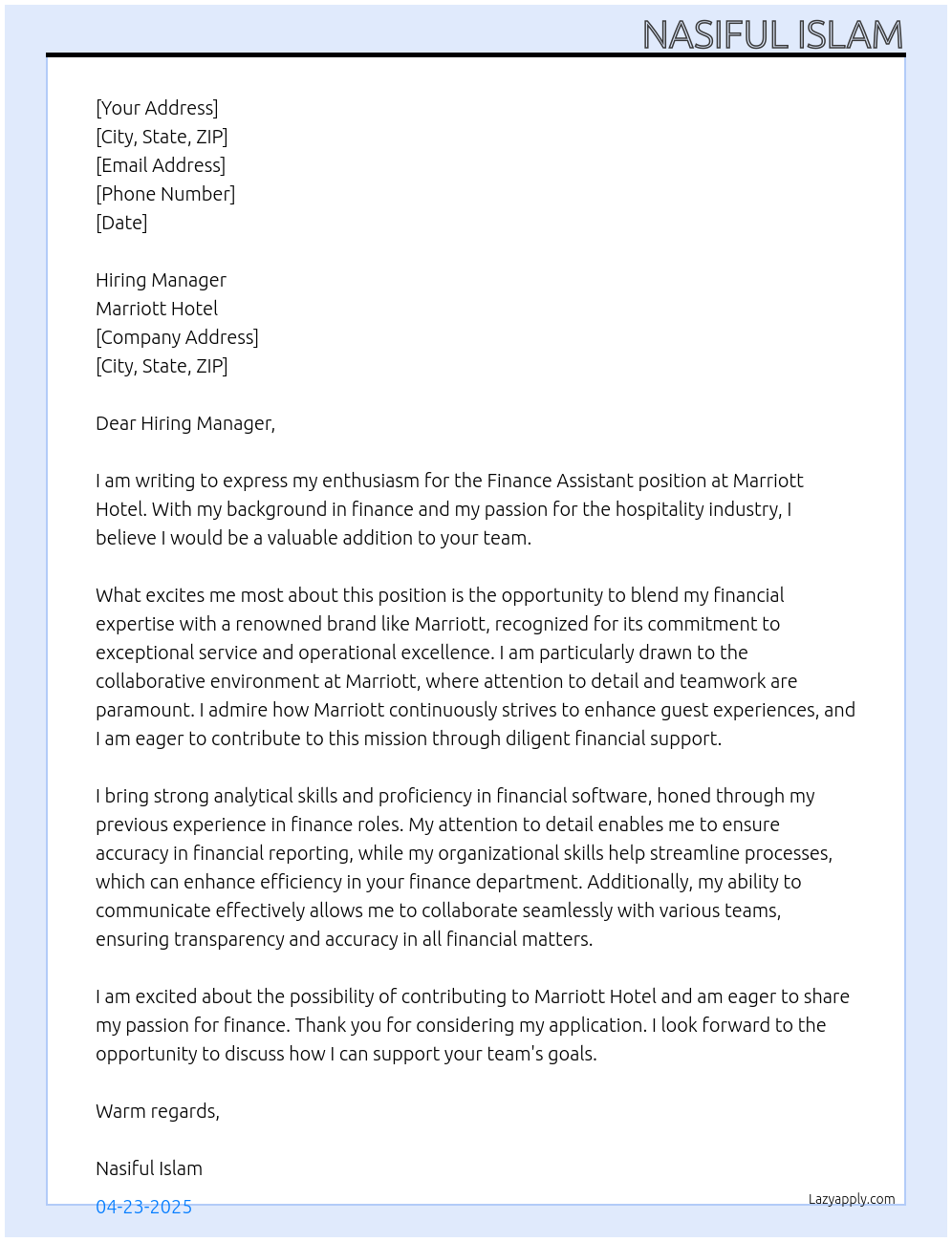 finance assistant At Marriot Hotel Cover Letter