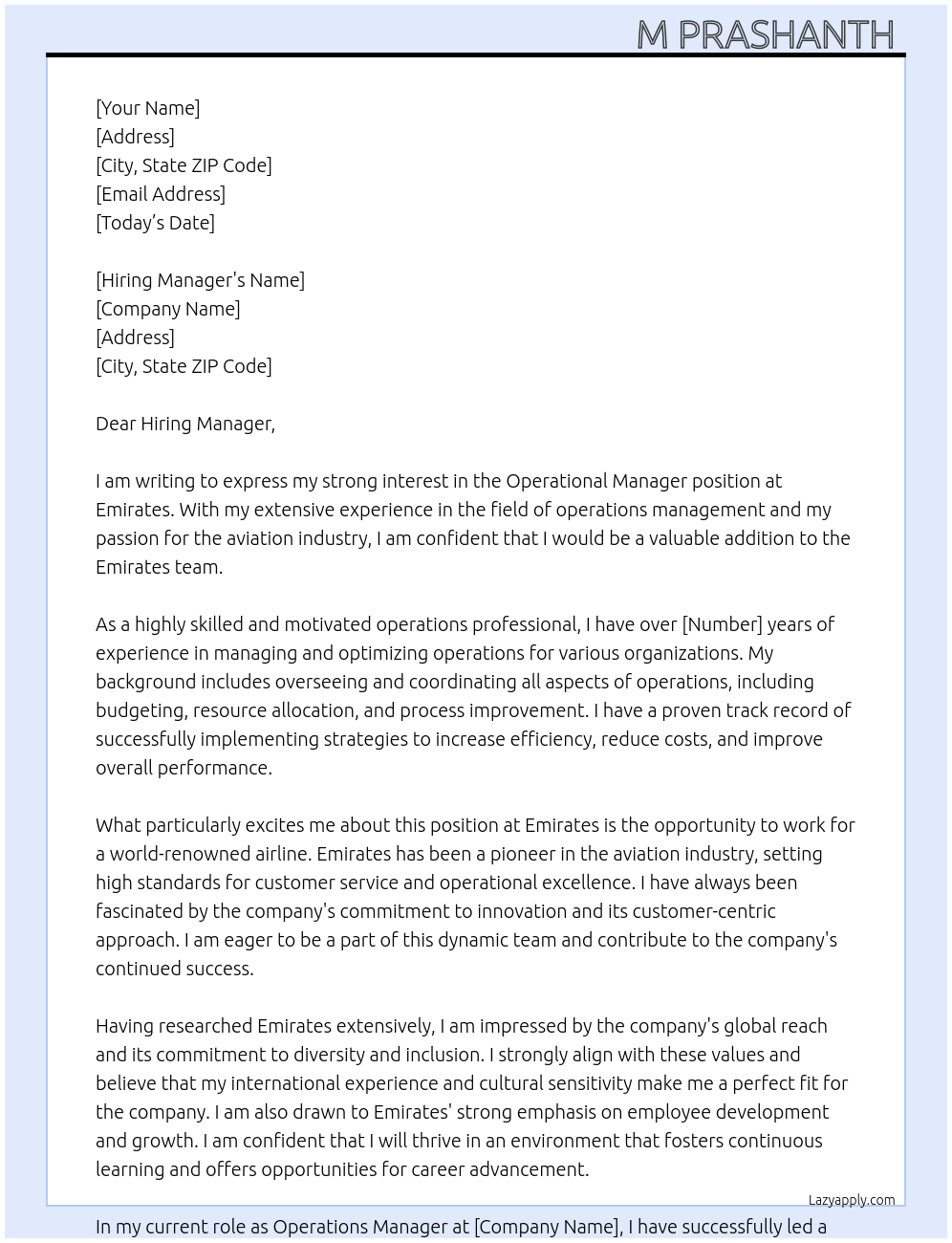 Operational manager At Emirates Cover Letter