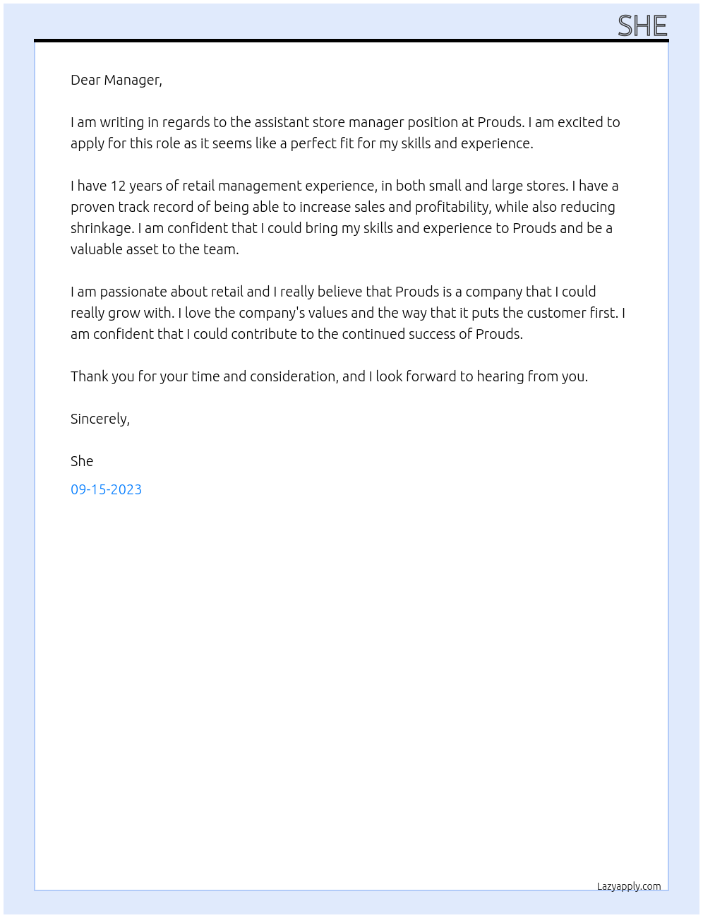 Assistant store manager At Prouds Cover Letter