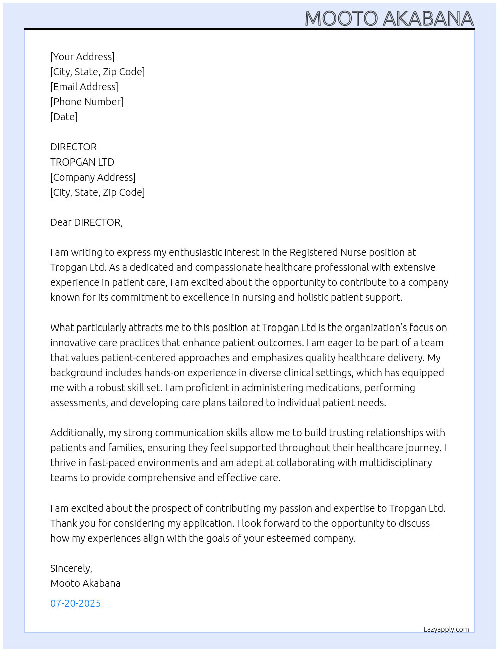 Cover letter for registered nurse - LazyApply