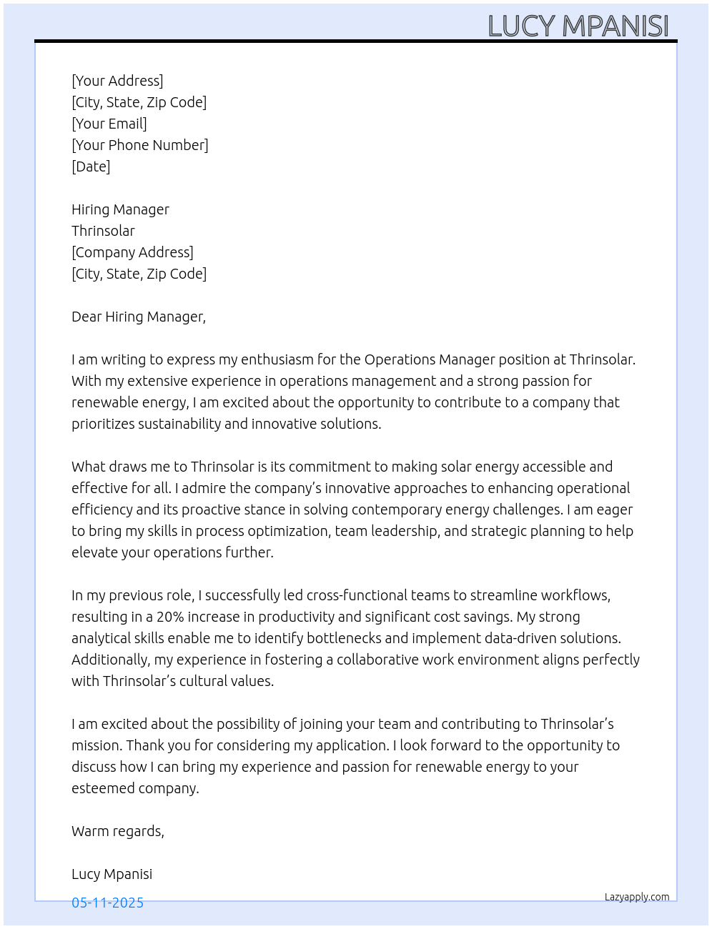 Operations manager At Thrinsolar Cover Letter