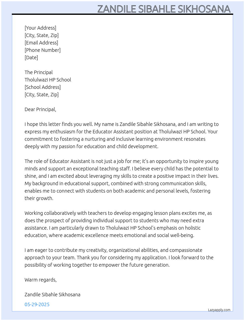 Educator Assistant  At Tholulwazi HP School  Cover Letter