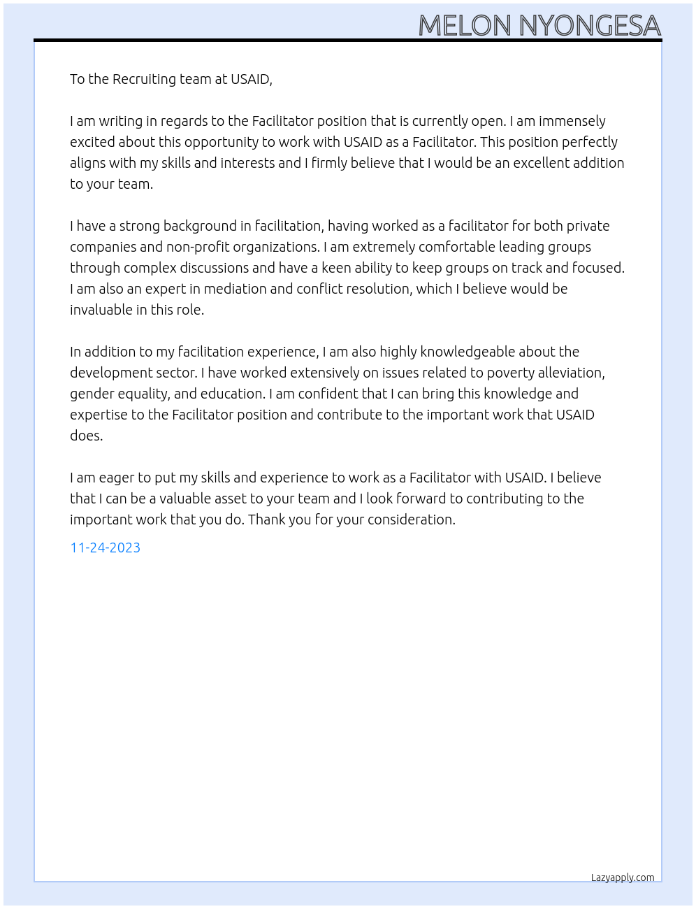 Facilitator At USAID Cover Letter