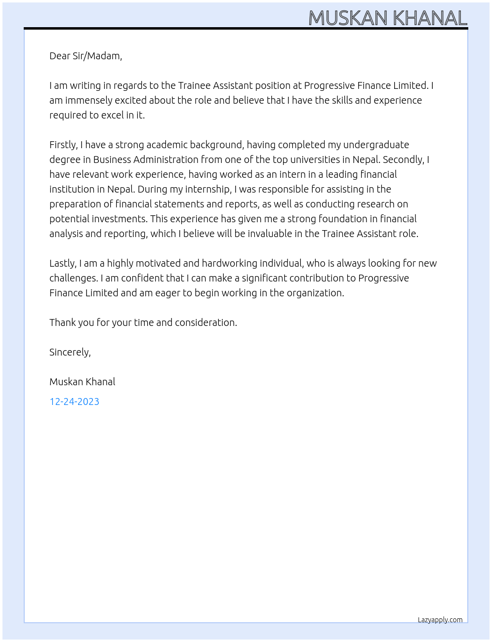 Trainee assistant At Progressive Finance Limited Cover Letter