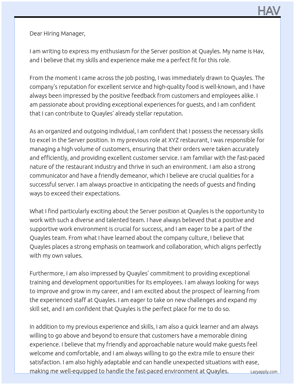 Server At Quayles Cover Letter