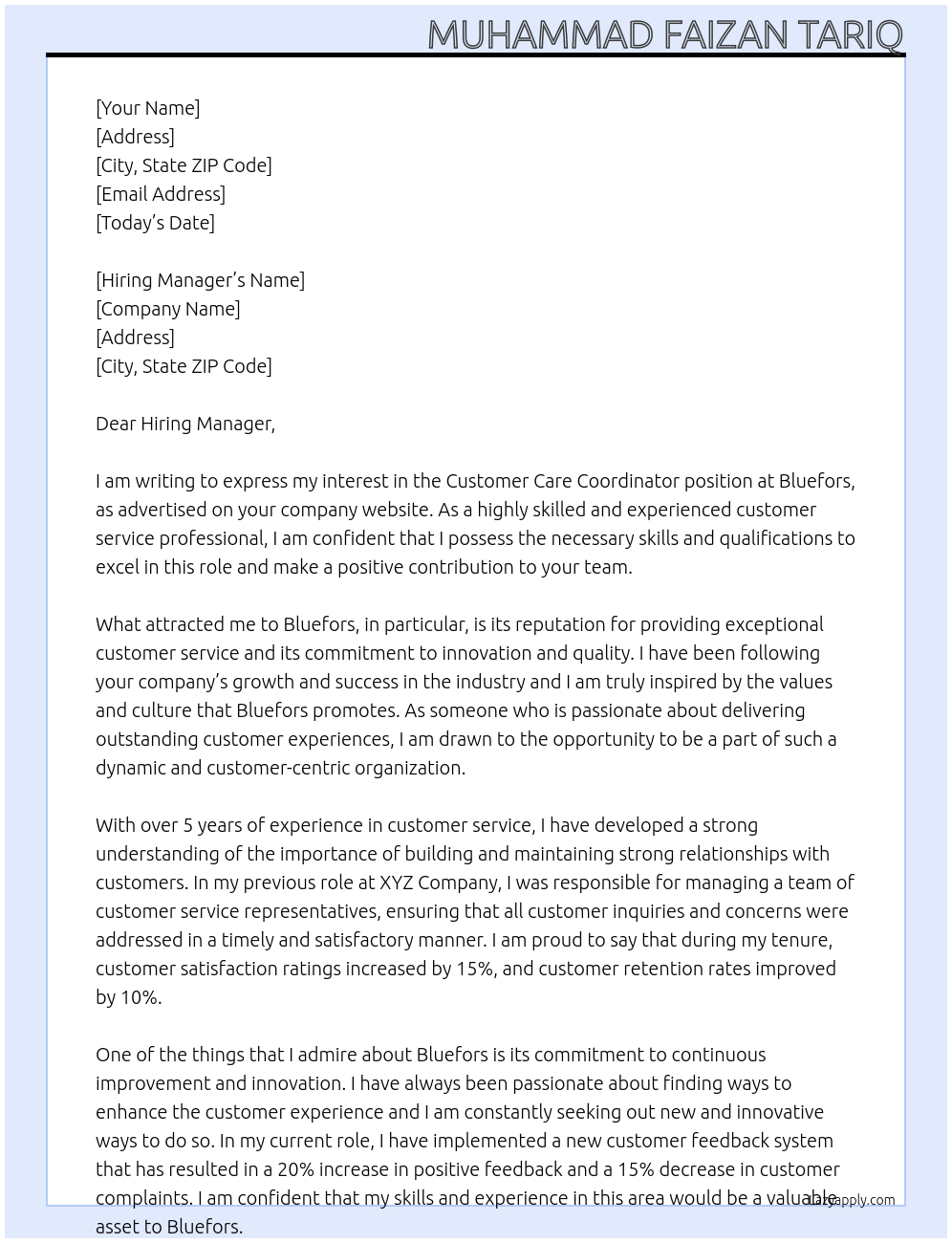 Customer Care Coordinator At Bluefors Cover Letter