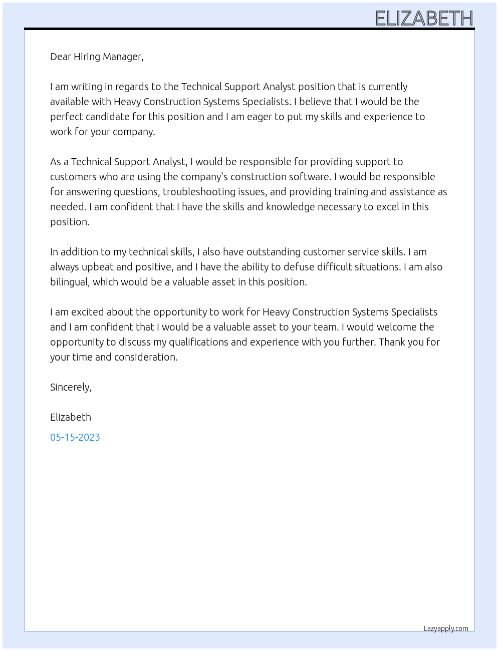 Technical Support Analyst At Heavy Construction Systems Specialists Cover Letter