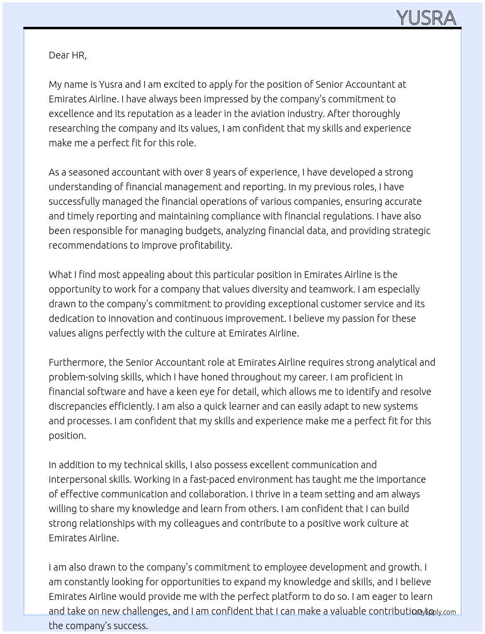 Senior Accountant At Emirates Airline Cover Letter