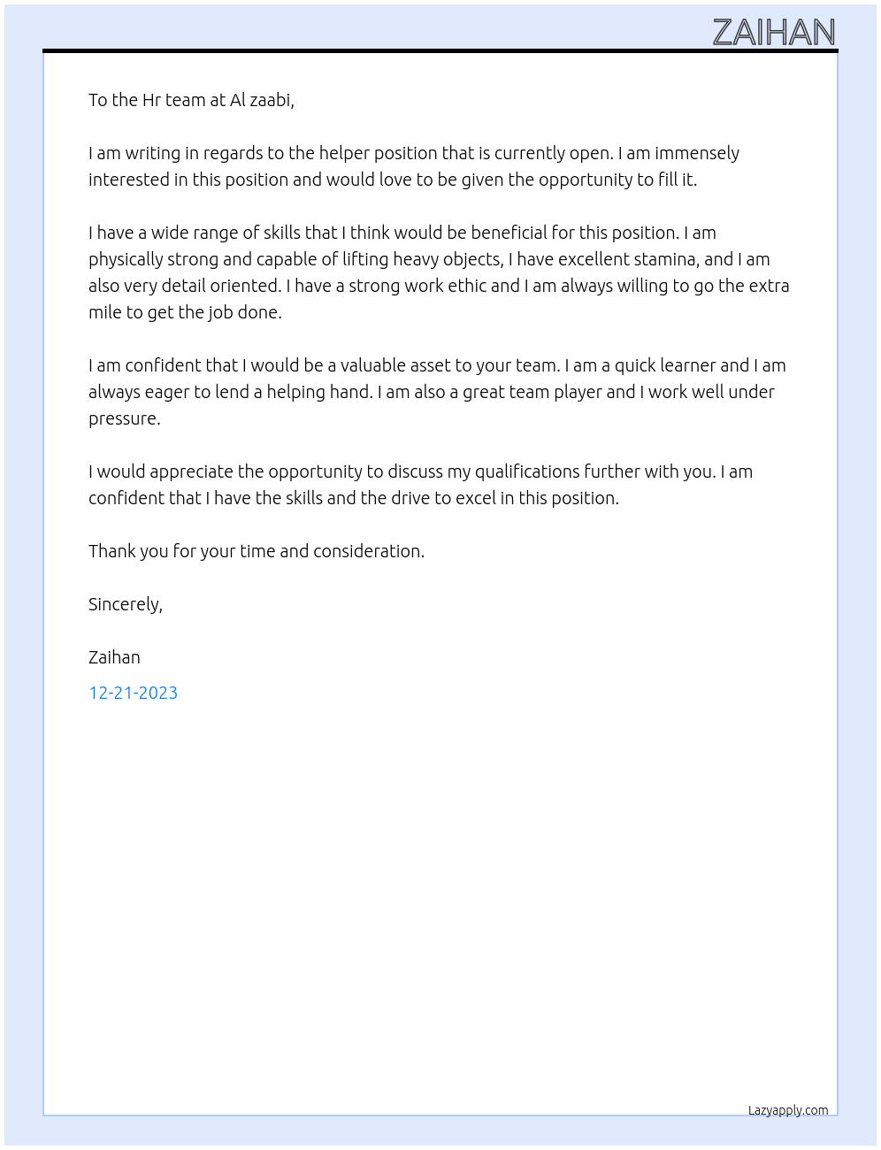 Helper At Al zaabi Cover Letter