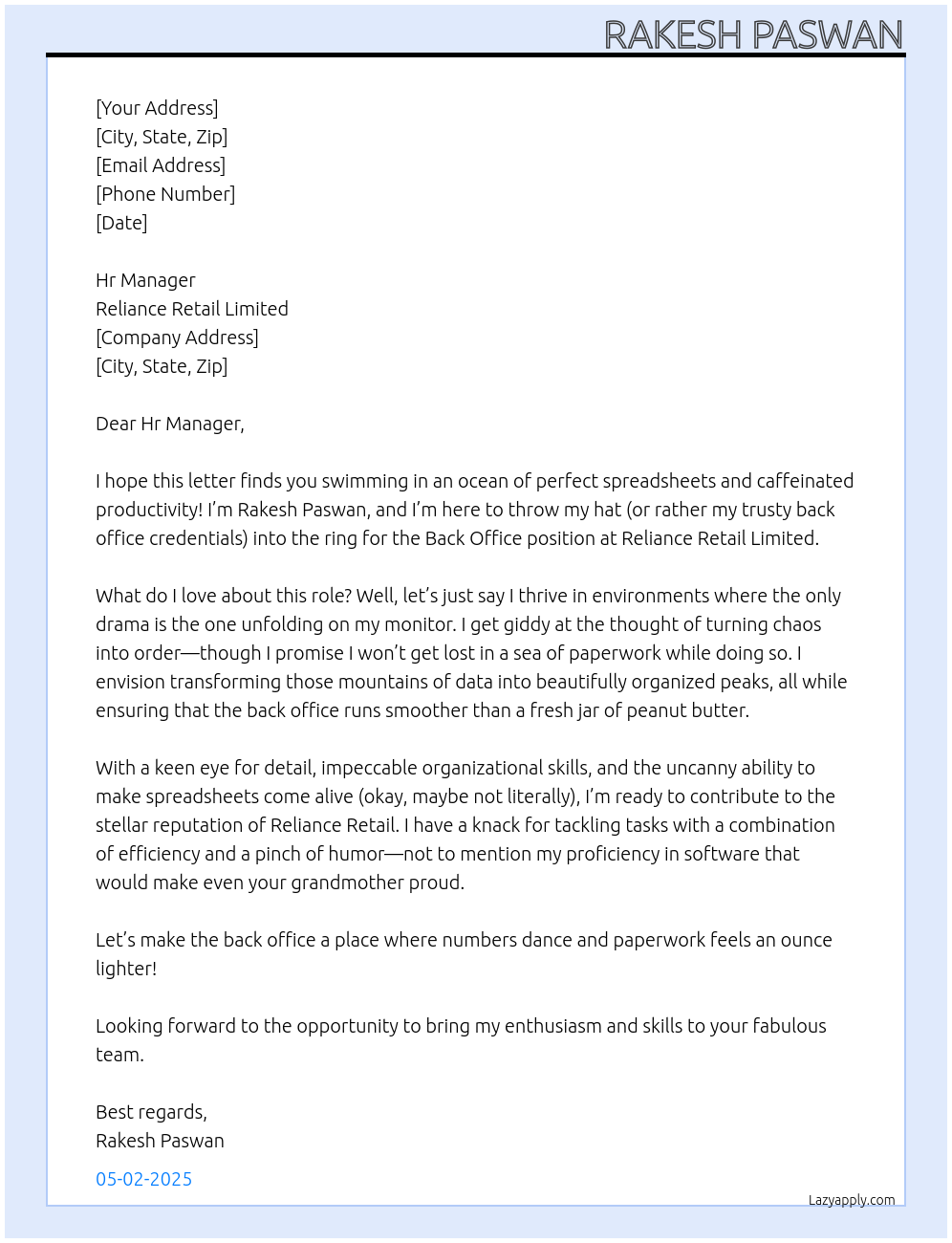 Back office At Reliance Retail Limited Cover Letter