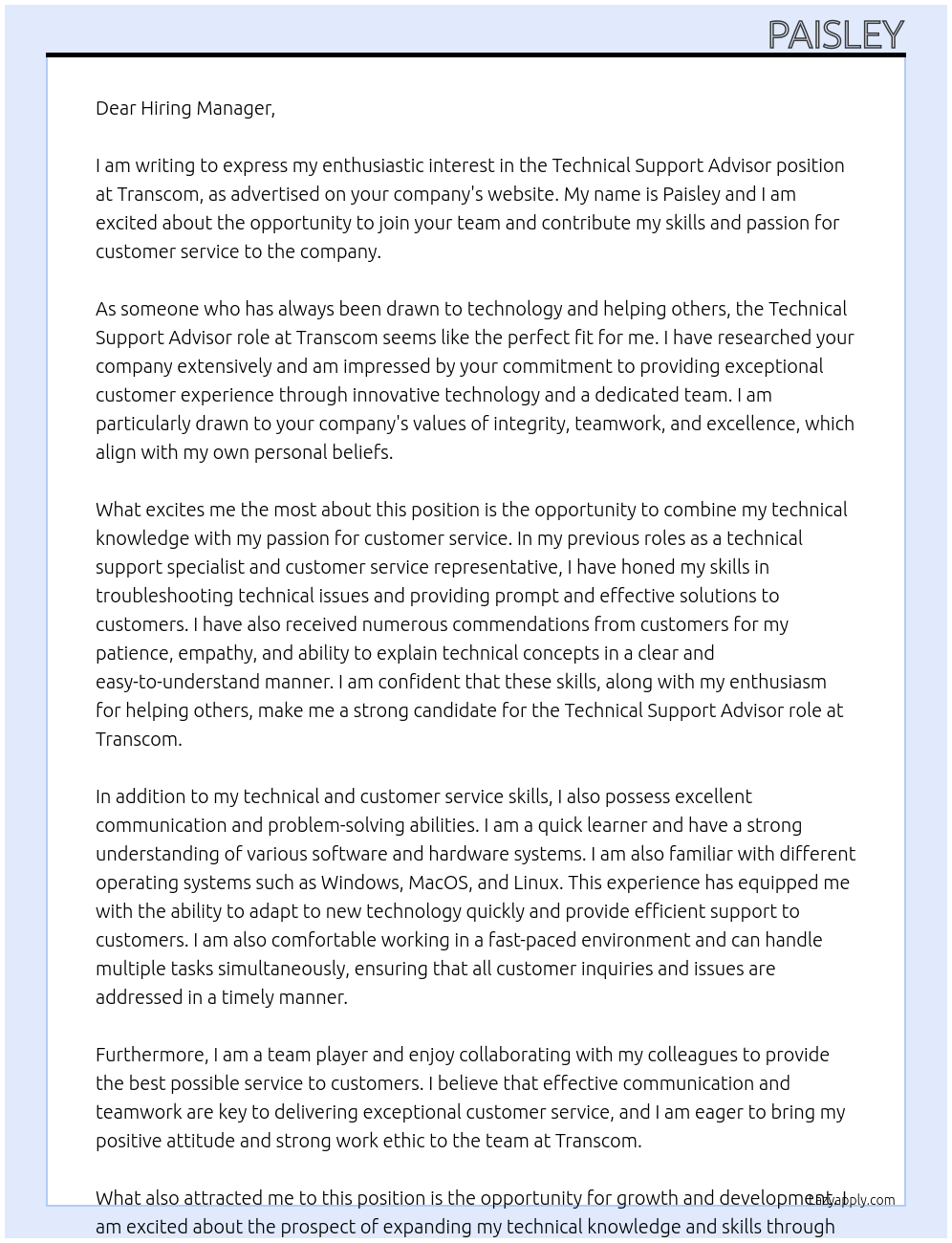 Technical Support Advisor  At Transcom Cover Letter