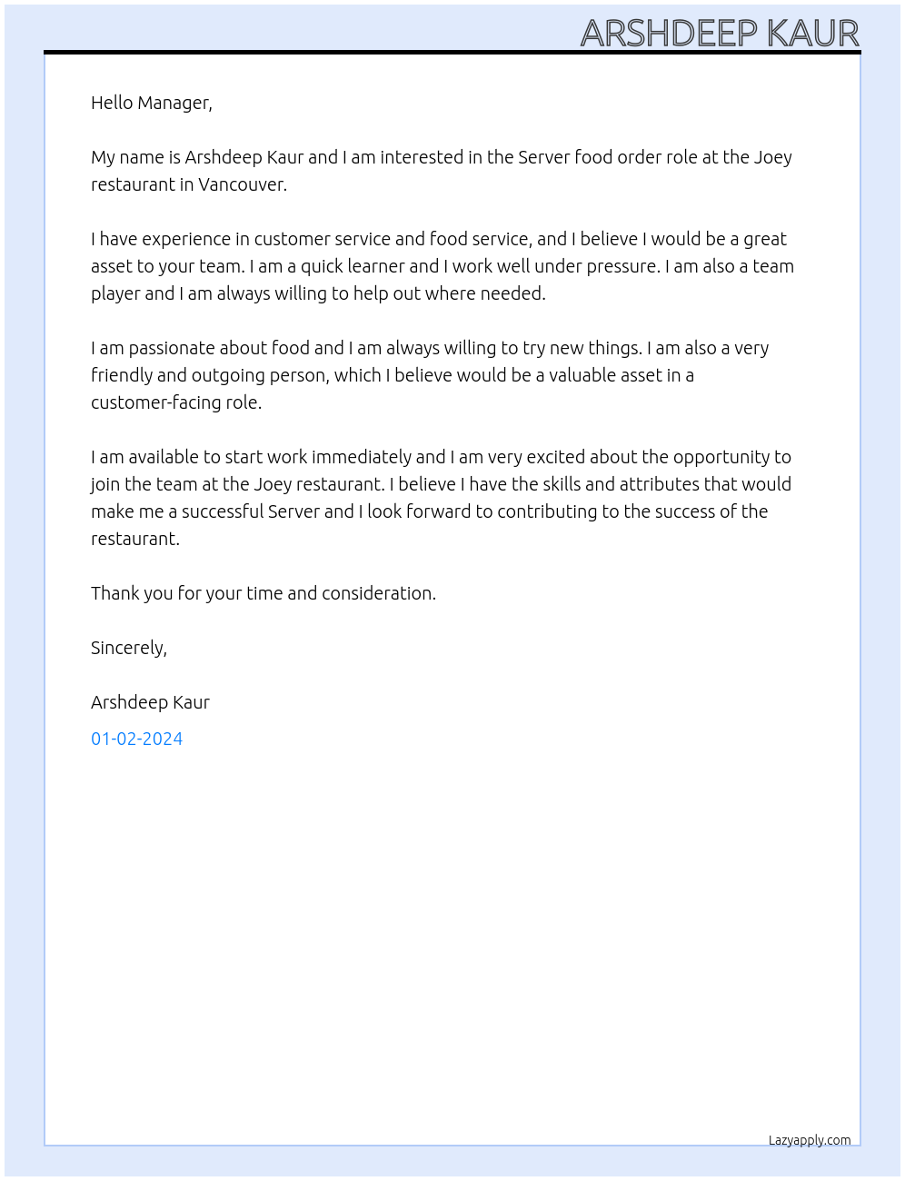 Server At Joey restaurant Cover Letter