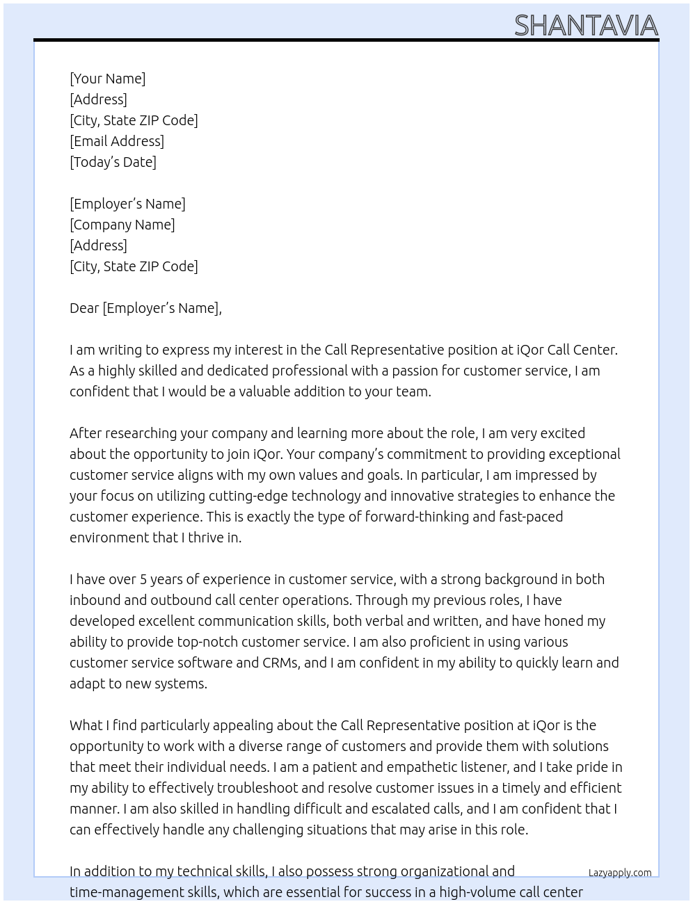 call representative At iqor call center  Cover Letter