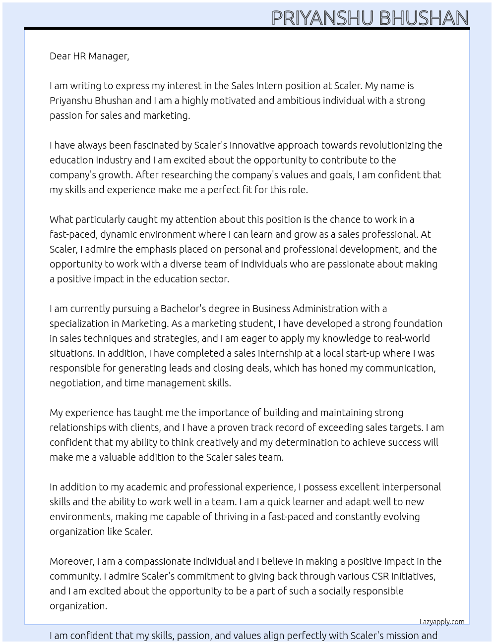 Sales Intern At Scaler Cover Letter
