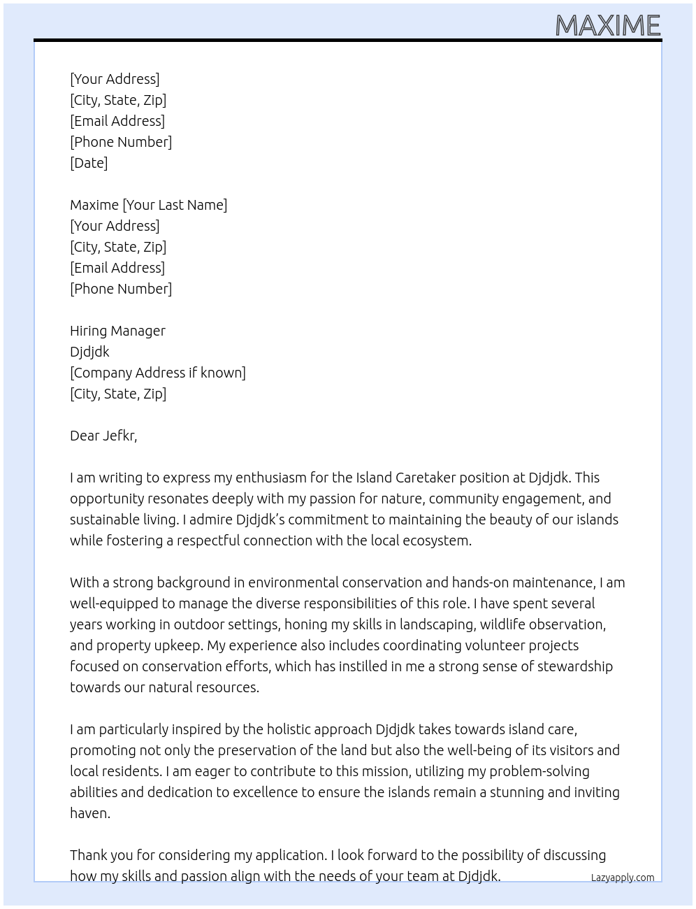 Island Caretaker At Djdjdk Cover Letter