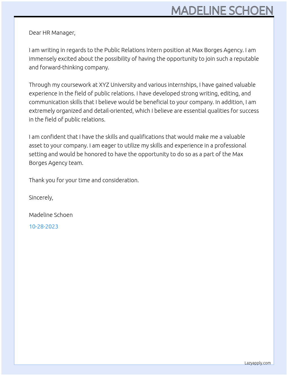 Public Relations Intern At Max Borges Agency Cover Letter