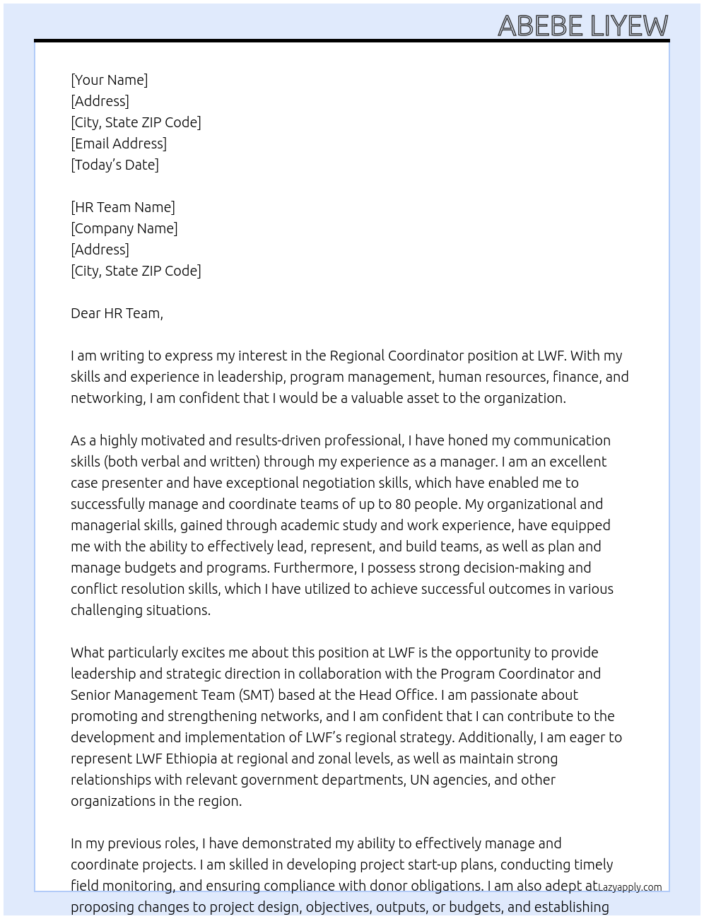 Regional Coordinator At LWF Cover Letter