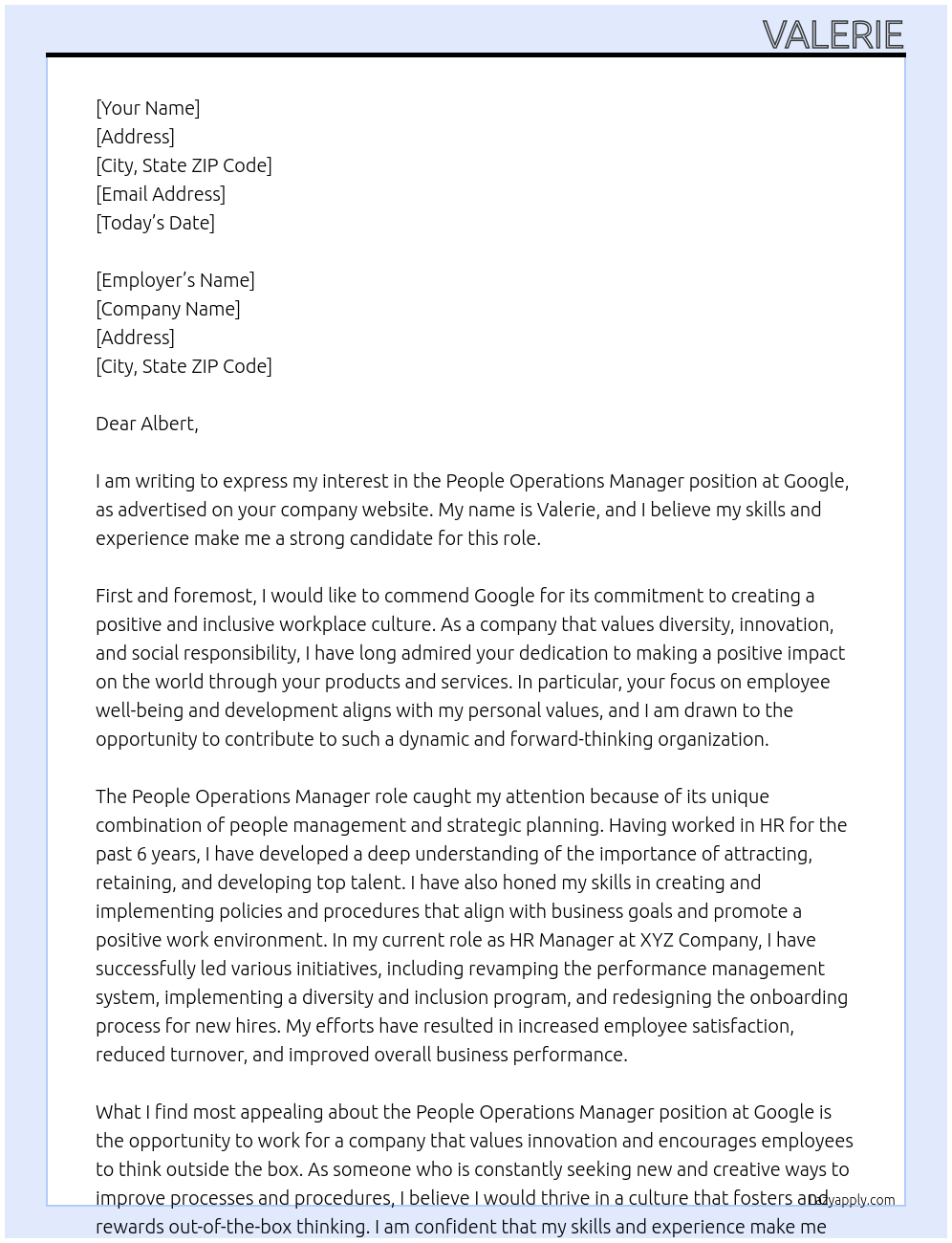 People Operations Manager At Google Cover Letter