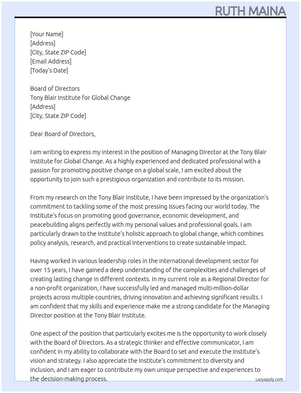 MANAGING DIRECTOR At TONY BLAIR INSTITUTE FOR GLOBAL CHANGE Cover Letter
