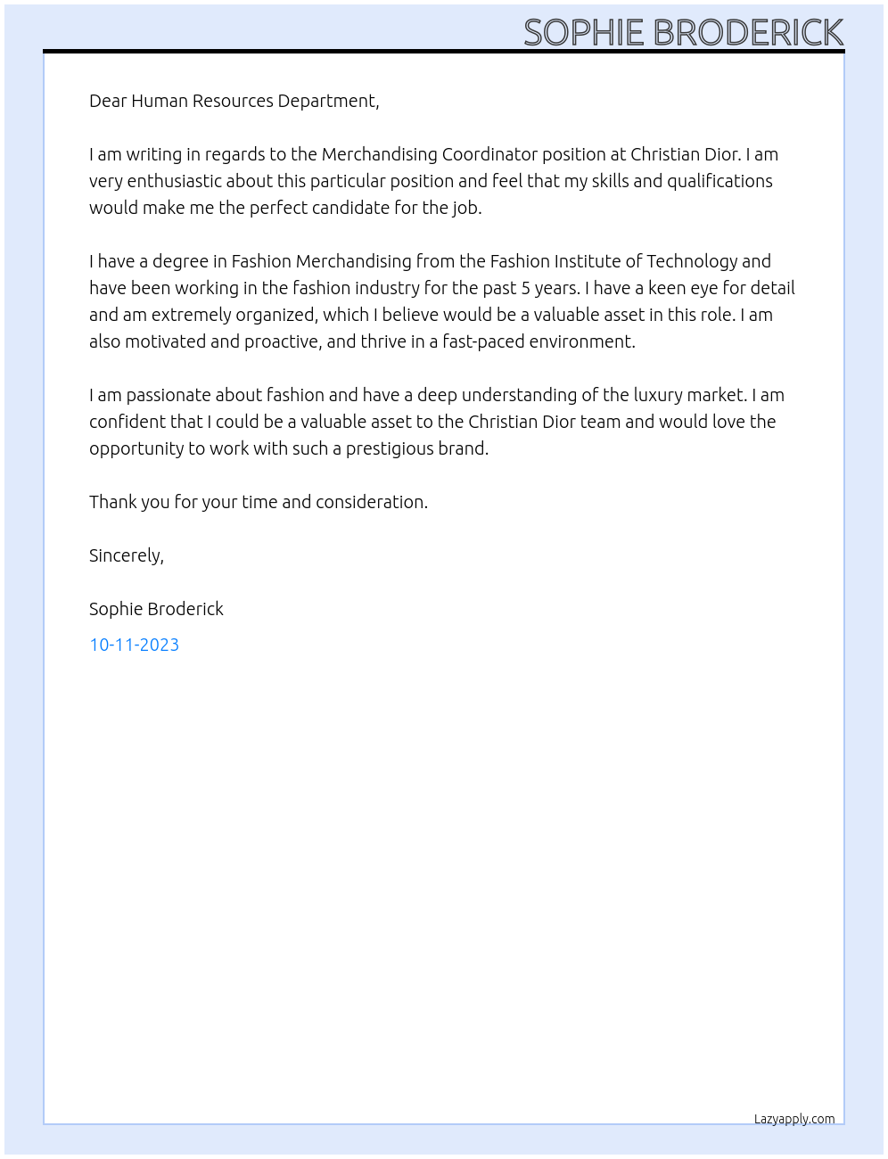 Merchandising coordinator At Christian Dior Cover Letter