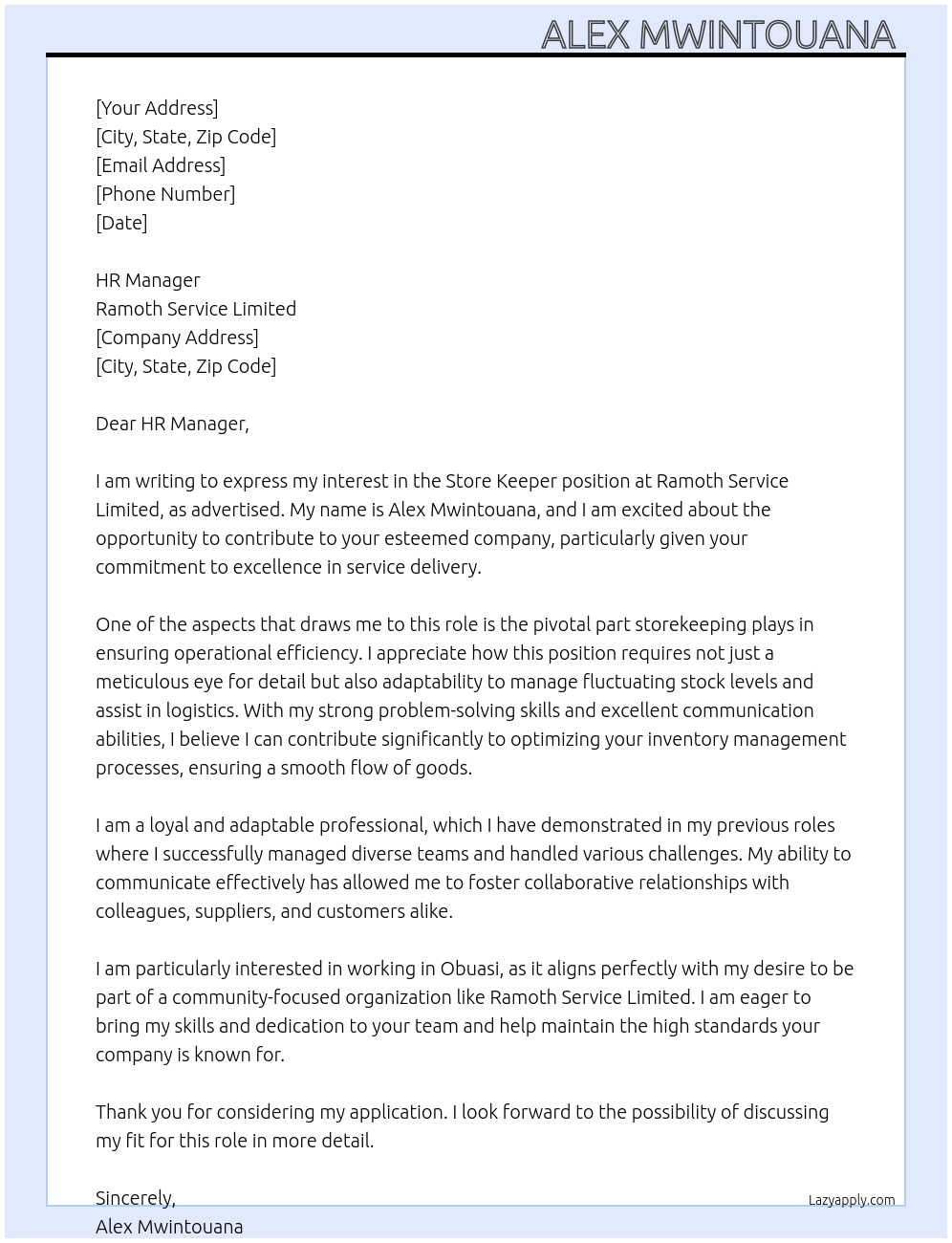 Store Keeper At Ramoth Service Limited Cover Letter