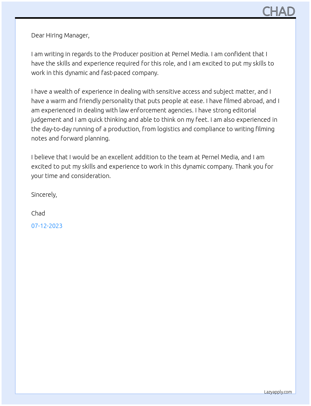 Producer At Pernel Media  Cover Letter