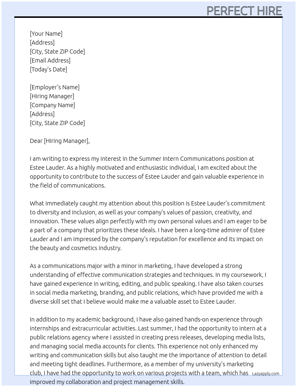 summer intern communications At estee lauder Cover Letter