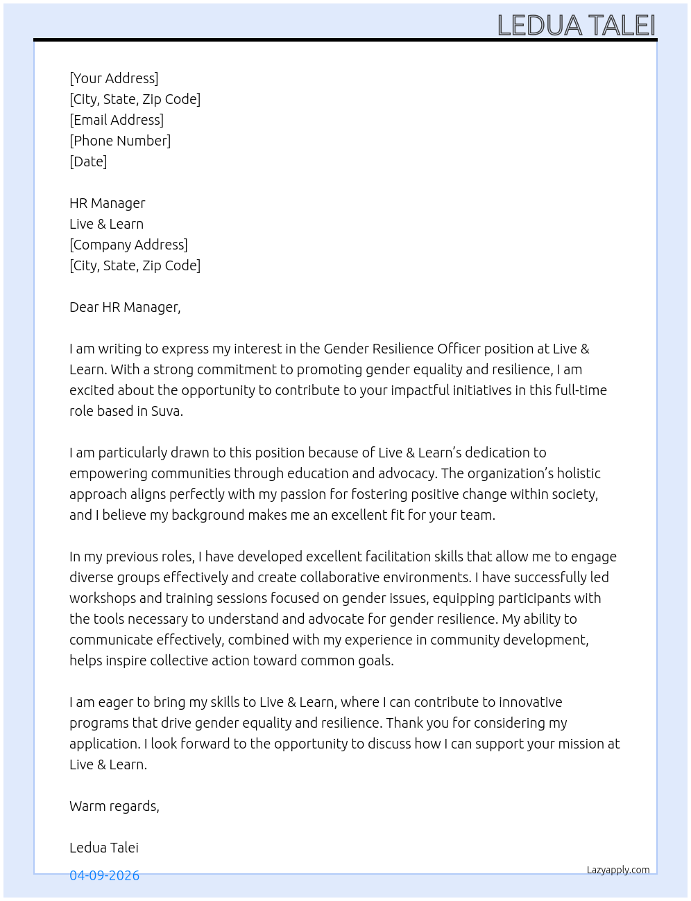 Cover letter for gender resilience officer - LazyApply