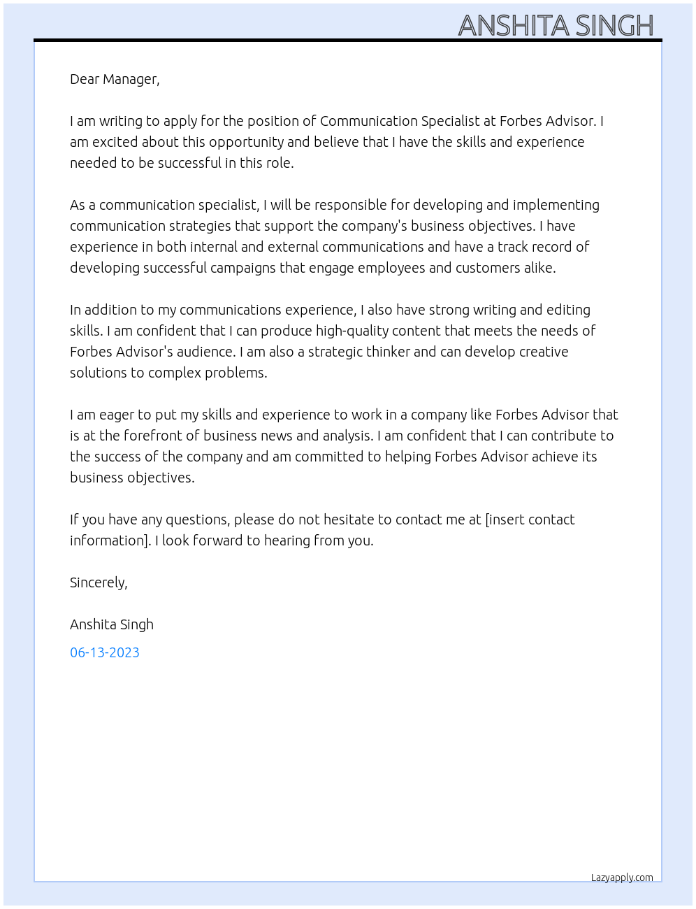 Communication Specialist At Forbes Advisor Cover Letter