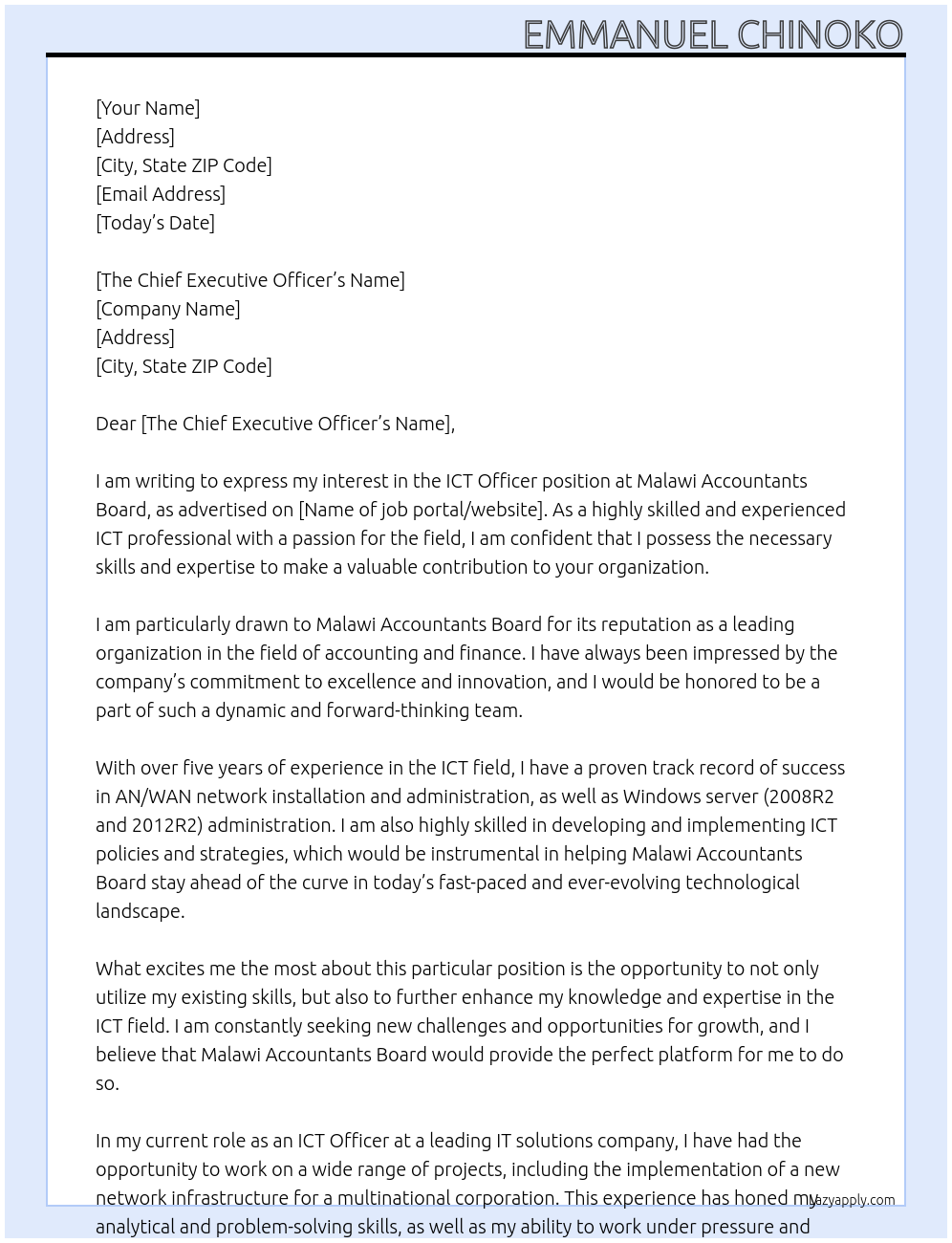 ICT officer At Malawi Accountants Board Cover Letter